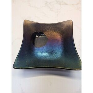 Signed Kurt McVay Dichroic Art Glass Square Bowl Iridescent Blue Purple Dish